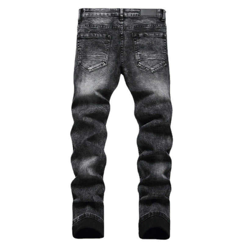 Fitspi Slim-fit Stretch Fried Sangel Cotton Elastic Black Leather Ripped Print Fashion Jeans