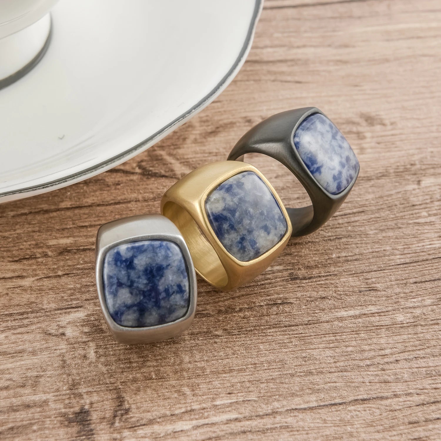 Wholesale Men's Stainless Steel Blue Dot White Dot Gem Gold Ring Accessories Jewelry for Male