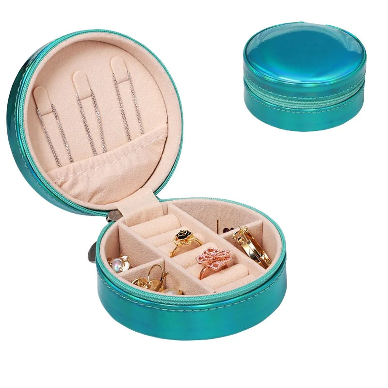 In Stock Lovely Round Jewelry Box Luxury Laser Rose Red Pu Leather Jewelry Organizer Small Mini Storage Case Box