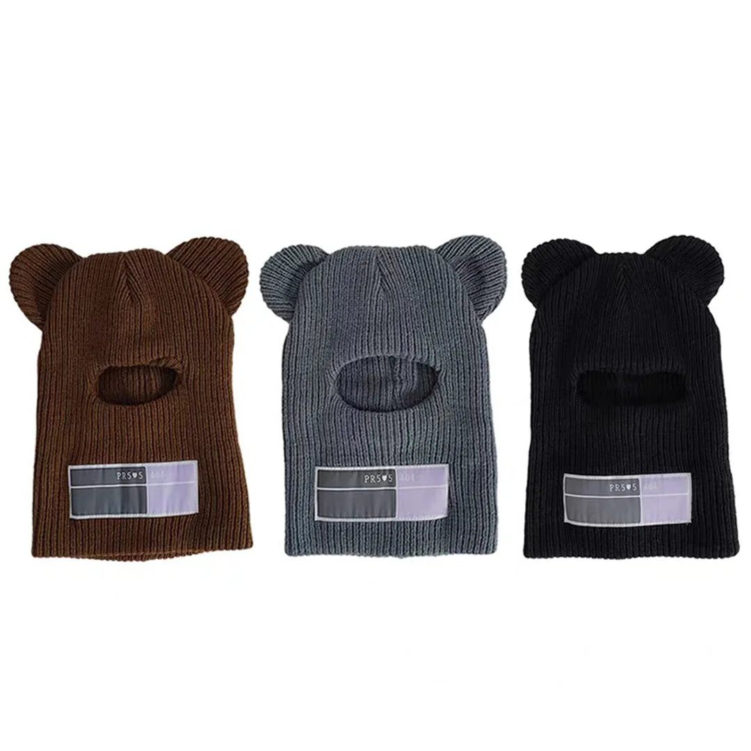 Bear Ears Balaclava for Ladies 1 Hole Ski Mask Handmade Crochet Full Face Wooly Hat Cute Girl Winter Streetwear Warm Knitted