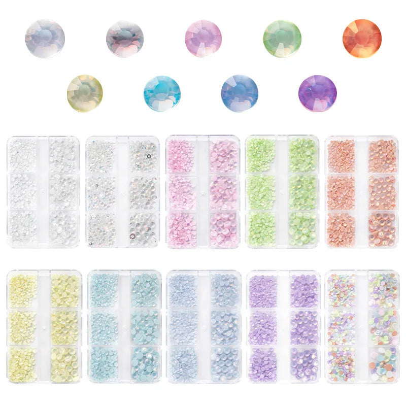 6-Grid Mixed Size Color Glass Mermaid Bead 3D Nail Art Decorations Half Round Flatback Rhinestones for Nail Art Decoration