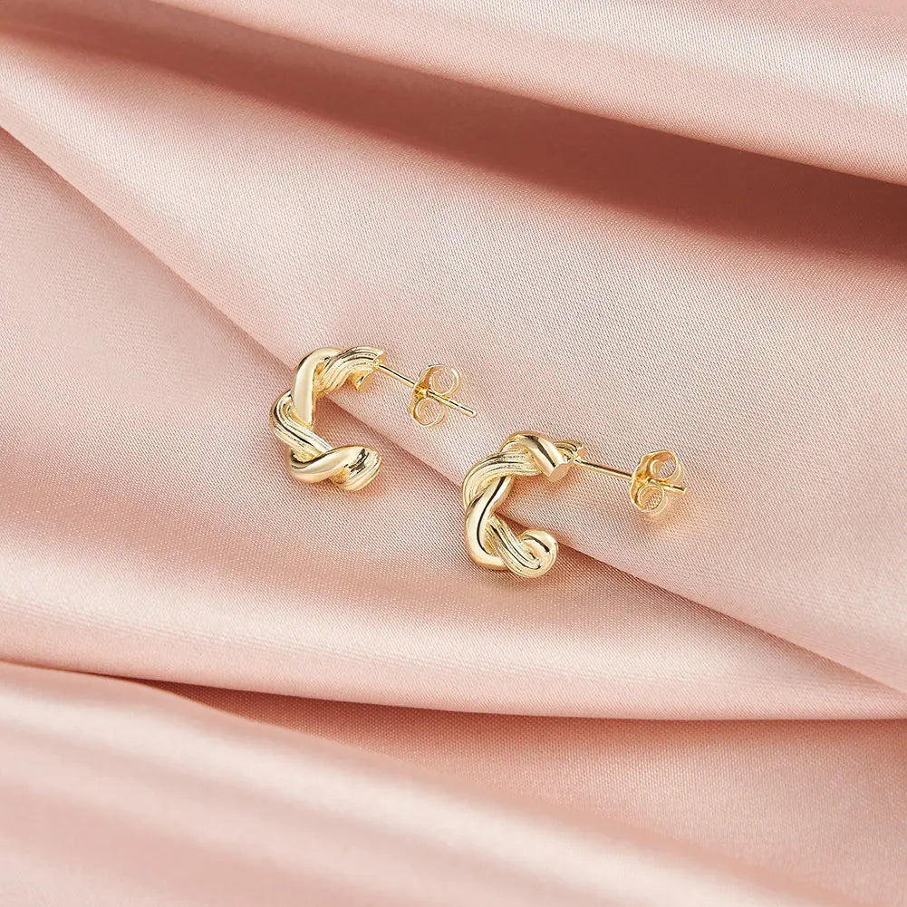 RINNTIN GAE05 14K Gold Plated Twisted Geometric Elegant Hoop Earrings 925 Sterling Silver Punk Statement C Shape Stud Earrings