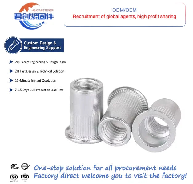 M8 M10 M12 Steel Rivet Nut with Flat and Small Head Black Oxide Ribbed Body Twist-Resistant Galvanized & Zinc Plated