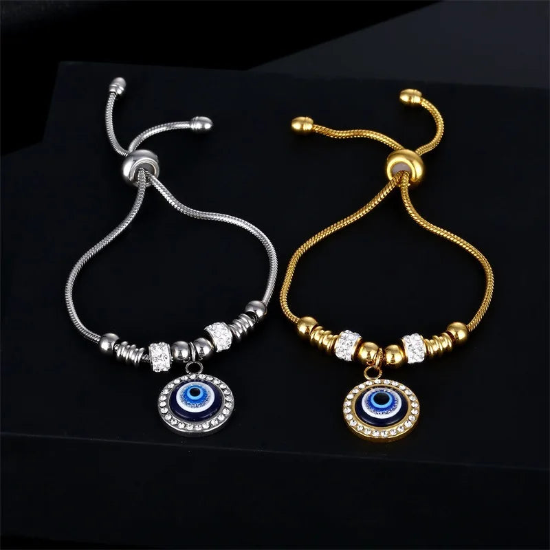 Retro Bling Cubic Zirconia CZ Devil Eye Bracelet Stainless Steel Blue Turkish Evil Eyes Charm Bracelet for Women