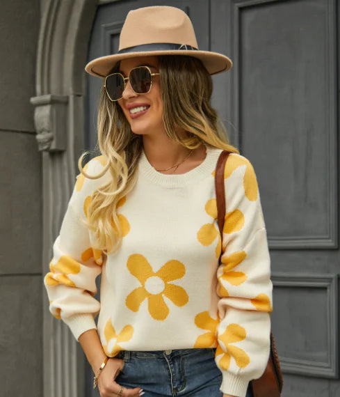 2023 Women's Hot Autumn/Winter New Print Large Sweater Pullover Flower Sweater