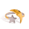 J&D 18k Gold Plate Stainless Steel Trendy Minimalist Moon Star Ring Resizable Jewelry Adjustable Ring