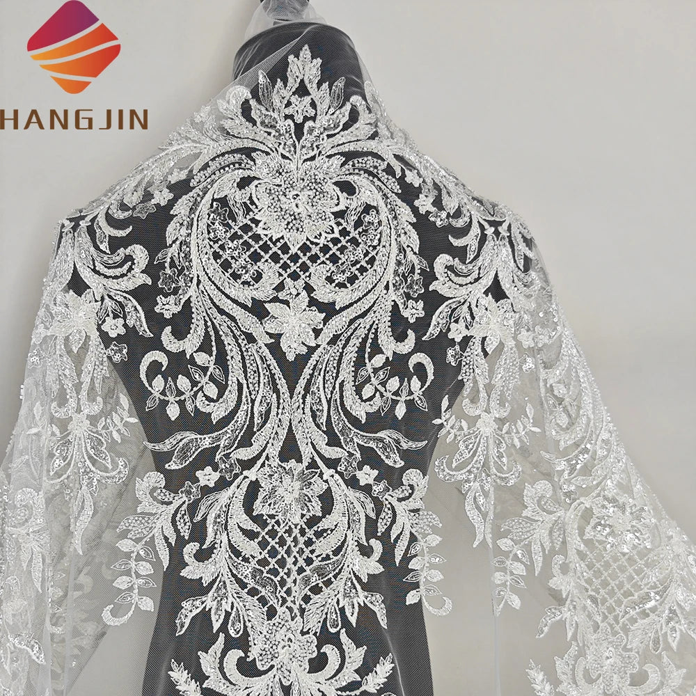 2023 Elegant 3D Wedding Lace Fabric Fancy Tulle Embroidery Sequins Beaded Chantilly Lace Fabric for Nigerian Dresses