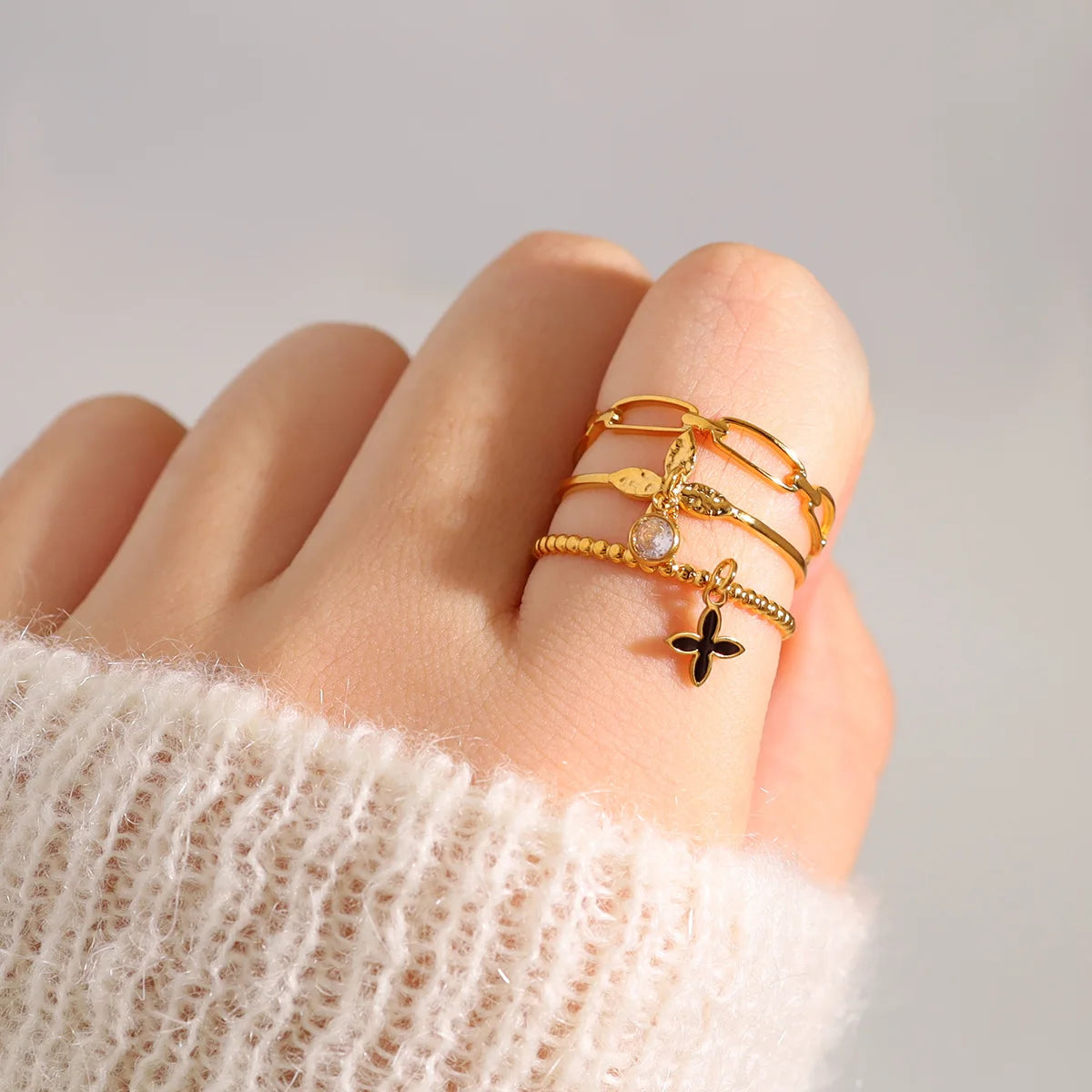 Light Luxury Style 18K Gold Plated Four-leaf Clover Zircon Multi-layer Hollow Stainless Steel Open Ring