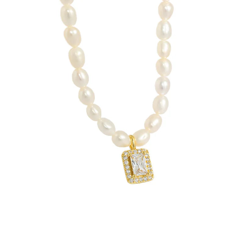 VIANRLA 925 Sterling Silver Freshwater Pearl Necklace with Rectangle Zircon Charm