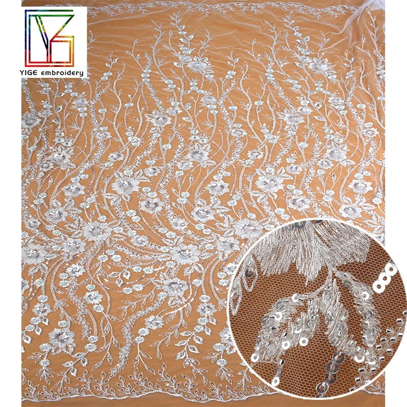Hot Sale Polyester French Tulle 3D Silver Beaded Beaded Embroidery Bridal Wedding Mesh Lace Dress Fabric for 5 Yards