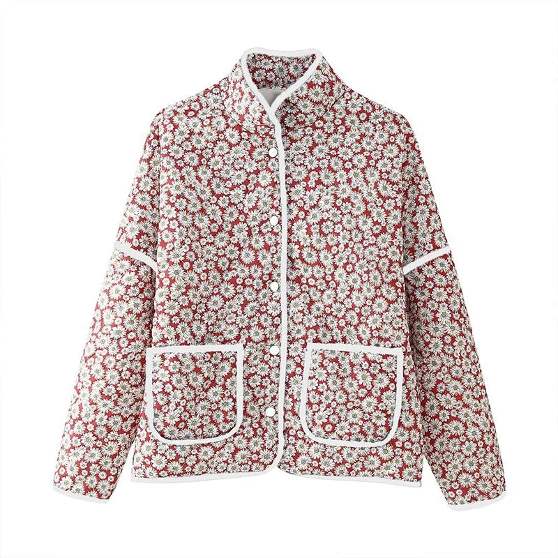 ZATRHMBM Autumn Women's Clothing 2025 New Fashion Printed Daisy Cotton Jacket Retro Casual Long-sleeved Versatile Women's Jacket