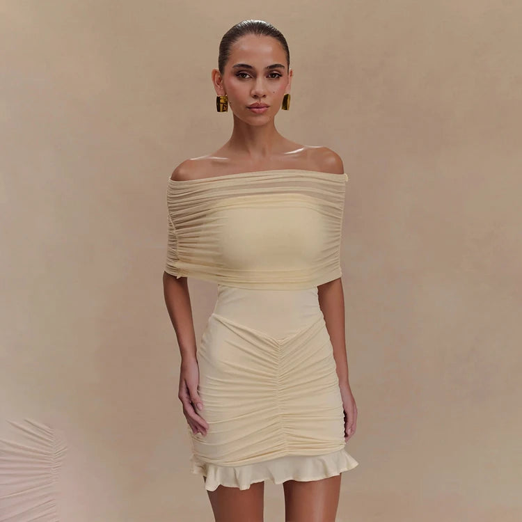 See Through Mesh Dress Wholesale Pleated off Shoulder Dress Custom logo Ruffled Short Skirt Factory Directly