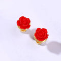 Gold-Plated Stainless Steel Tiny Red Rose Flower Earring Stud Trendy Wedding Party Anniversary Engagement Gift for Women