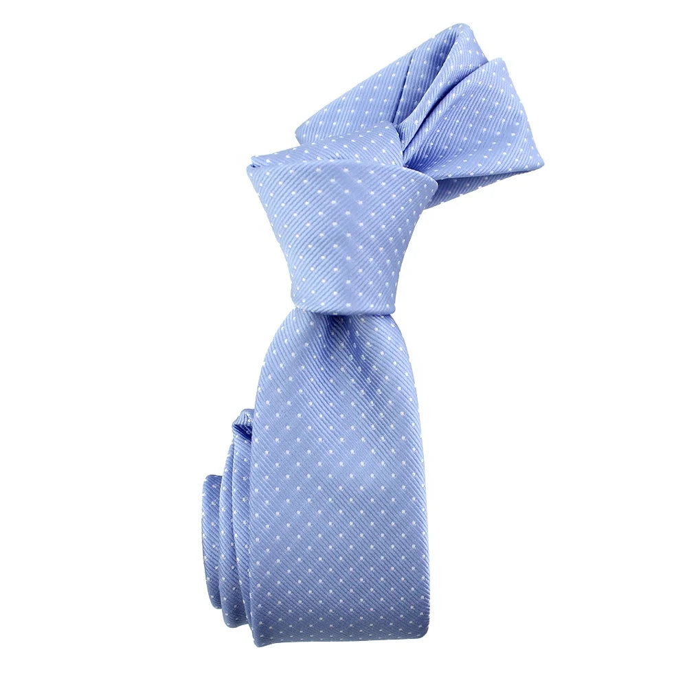 Men Casual Fashion Sky Blue Official Tie Polyester Woven Handmade Gorgeous Grosgrain White Polka Dot Slim Straight Necktie