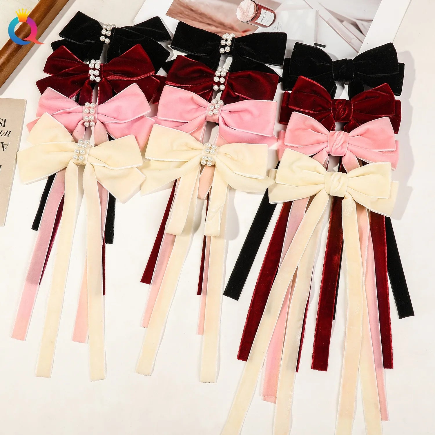 QIYUE Velvet Pearl Bow Streamer Hair Clips Women's Hair Accessories