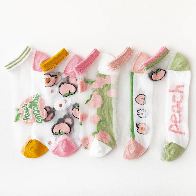 Wholesale Breathable Elastic Striped Peach Letter Flower Pink Women Ankle Crystal  Sheer Short Stockings Socks Cotton Geometric