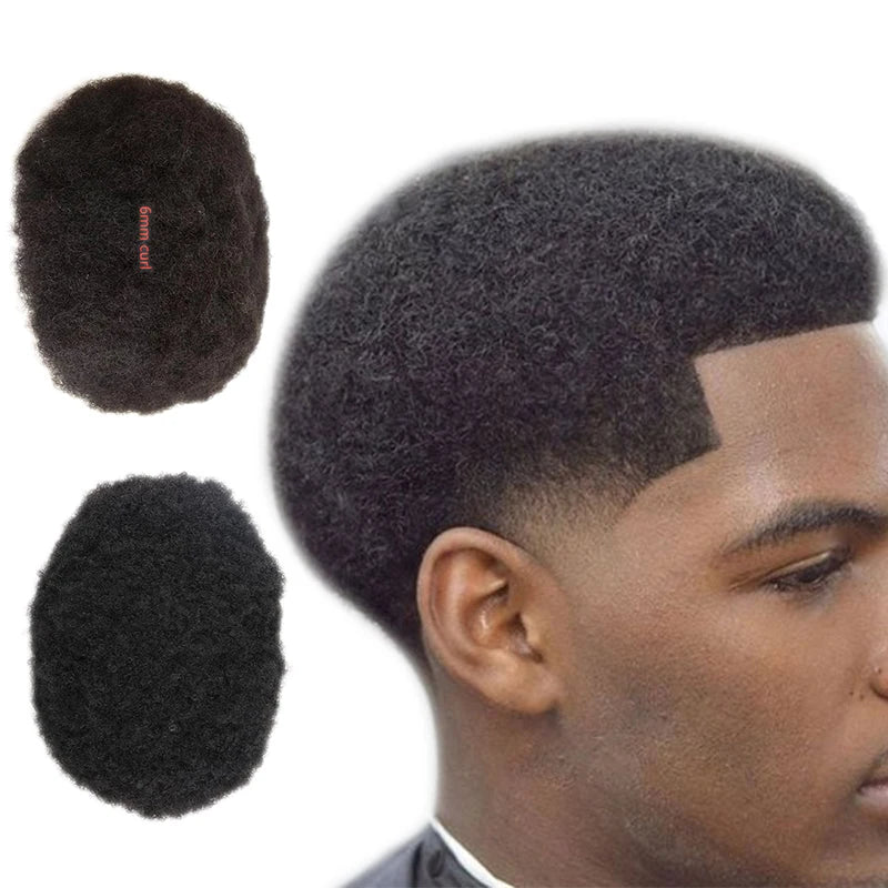 Afro Wave Hair Unit Wigs for Black Men 6'' Indian Human Hair Replacement Men Toupee Afro Curl Mens Toupee