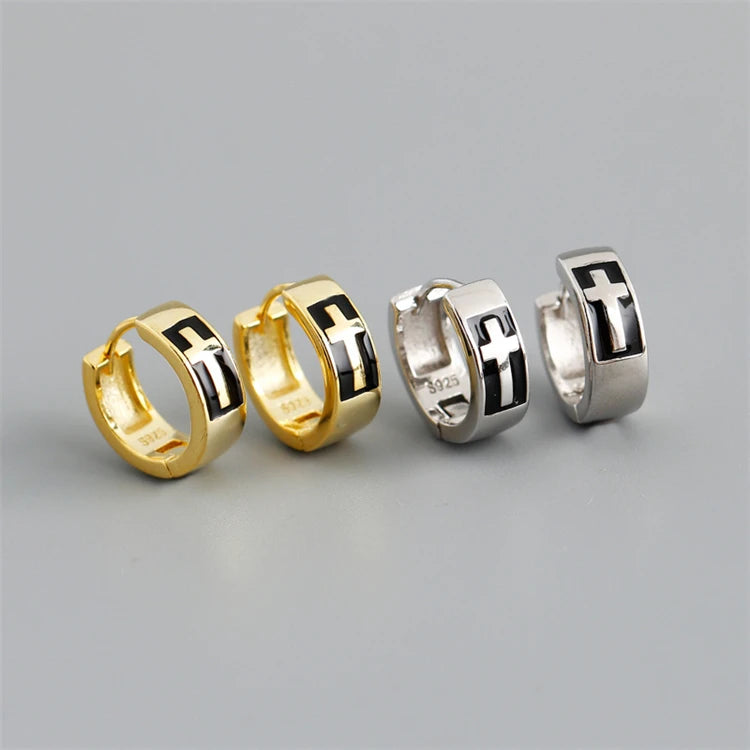 New Trendy 18k Gold 925 Sterling Silver Enamel Cross Hoop Earrings for Women