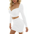 New Arrival Autumn Women Ribbed V-neck Long Sleeve Bodycon Two Piece Set Party Club Long White Casual Two Piece Skirt Outfits