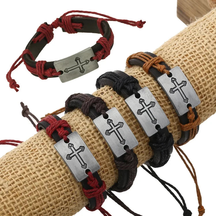 Handmade Vintage Cross Leather Bracelet for Men and Women Hemp Rope and Alloy Material Gift