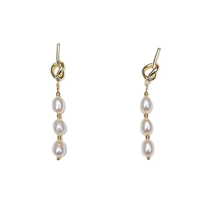 Vintage Plated 14k Gold 0.006kg Shanghai LockGolden Tassel Earrings with Long Pearl Copper Knotted S925 Silver for Women Gift