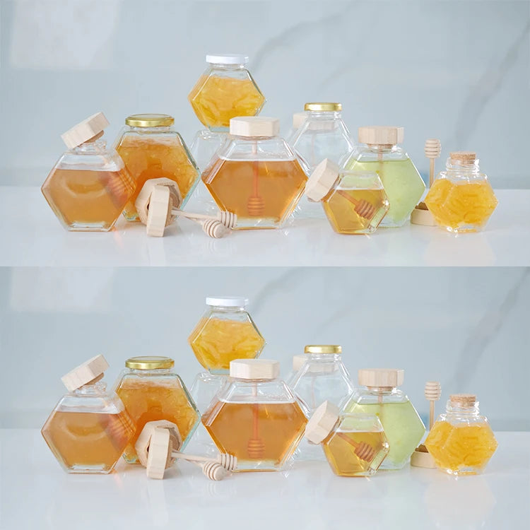 100ML 180ML 220ML 280ML 380ML Hexagon Glass Honey  Storage Bottle Jar With Wooden Stick and Metal Lid