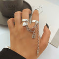 VKME Fashion Ins Locks Heart Long Chain Ring Set Adjustable Open Finger Rings for Women Jewelry