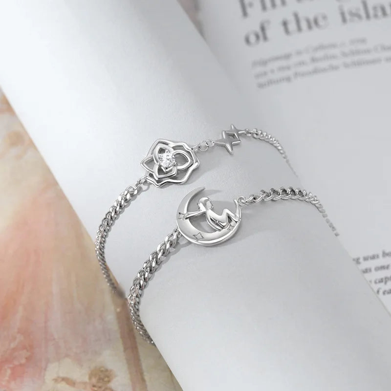Sweet Women's Silver Plated and the Rose Couple Bracelet Romantic Creativity Valentine's Day Jewelry Gift