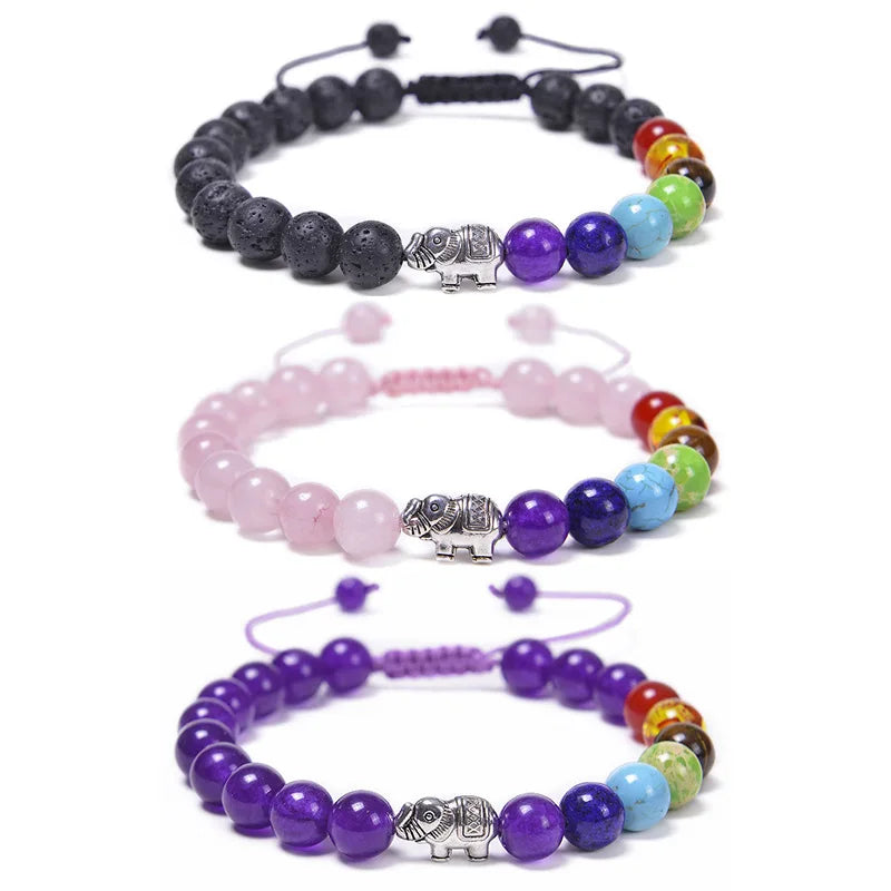 Dainty Chakra Bracelet for Women Jewelry Natural Stone Handmade Adjustable Healing Elephant Charm Gemstones Bracelet