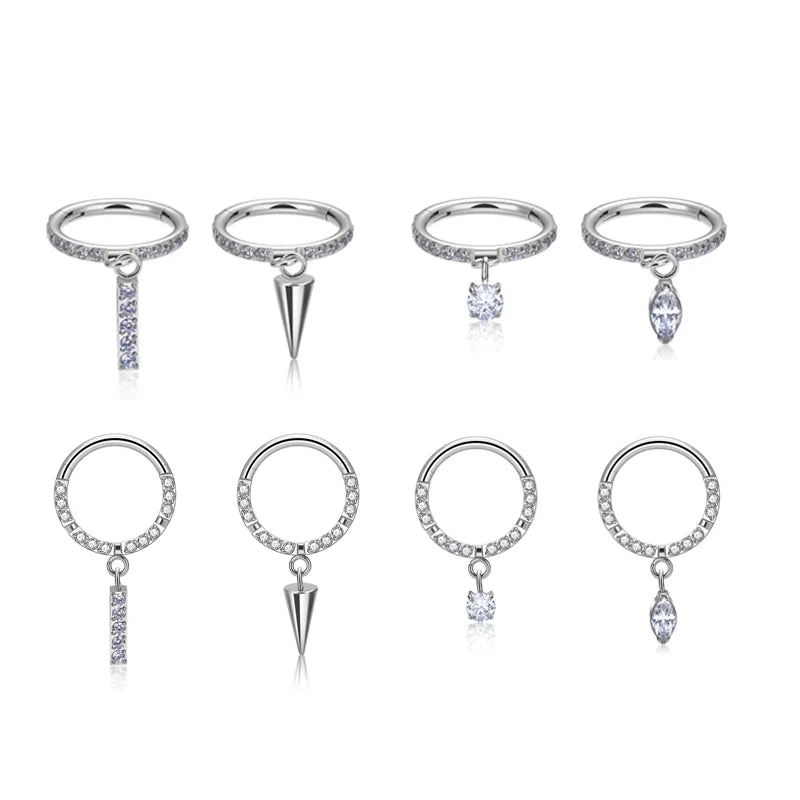 5pcs G23 Titanium 16G Septum Jewelry Zircon Inlay Cartilage Earrings Nose Rings Hinged Clicker for Body Piercing for Wedding