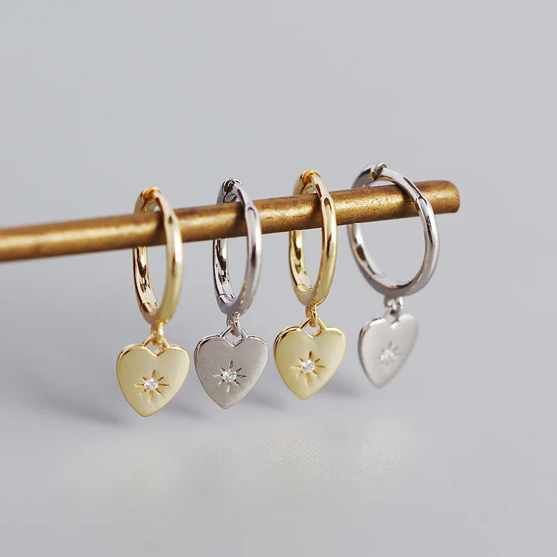 Love Heart Pendant Earrings Trendy Women Zircon Gold Plated 925 Sterling Silver Hoop Earrings