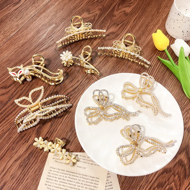 Pearl Metal Hair Clip Bow Hair Claw Retro Large Shark Clip