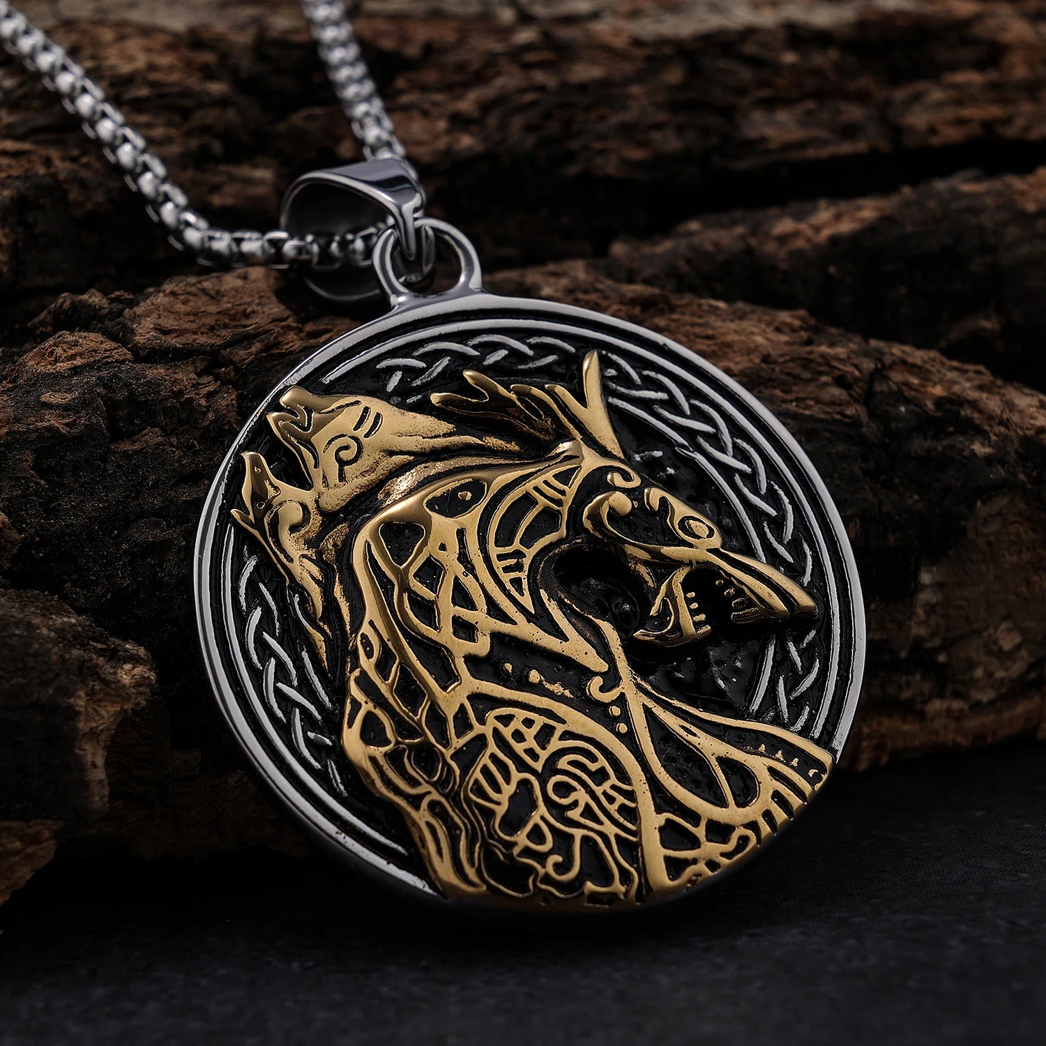 RTS Gold Stainless Steel Viking Wolf Charms Pendant Fashion Double-sided Viking Vegvisir Runes Necklace Pendant Jewelry