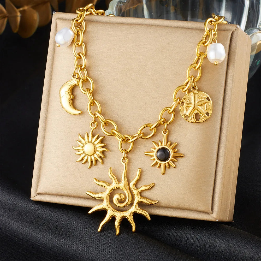 New Multi Charm Tarnish Free Stainless Steel Sun Moon Charm Necklace 18k Pvd Gold Plated Thick Link Pendant Necklace