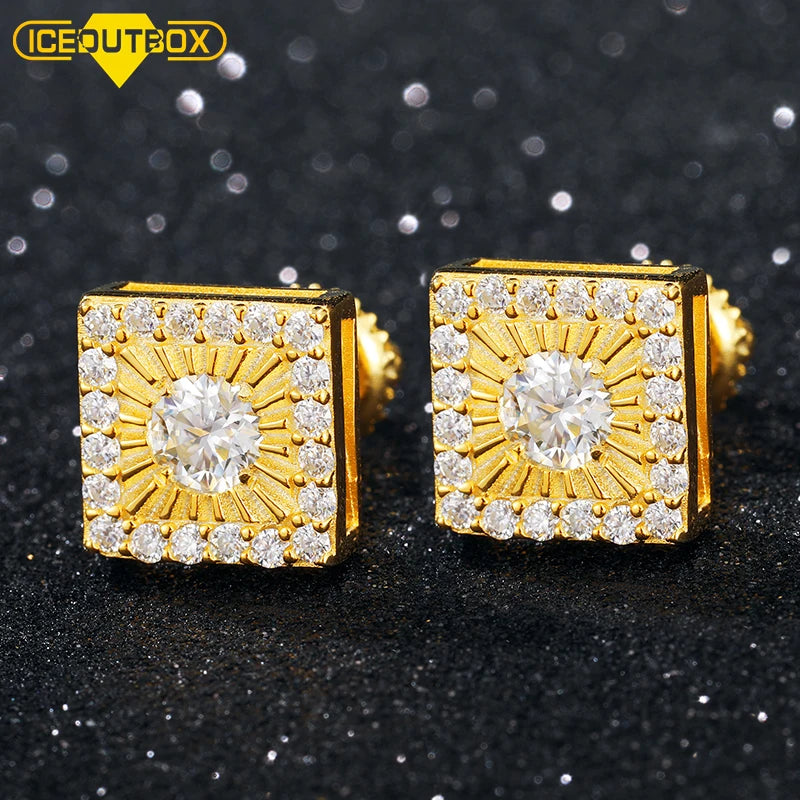 Hiphop Jewelry Luxury 18K Gold Plated 925 Sterling Silver Square Diamond Moissanite Iced Out Stud Earrings for Mens