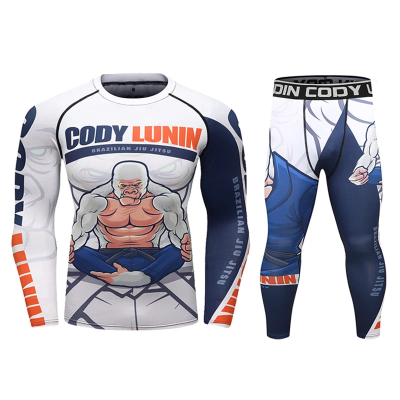 Hot Sell Men's BJJ MMA Long Rash Guard Set with Pants 88%Polyester+12%Spandex Quick Dry Meijia