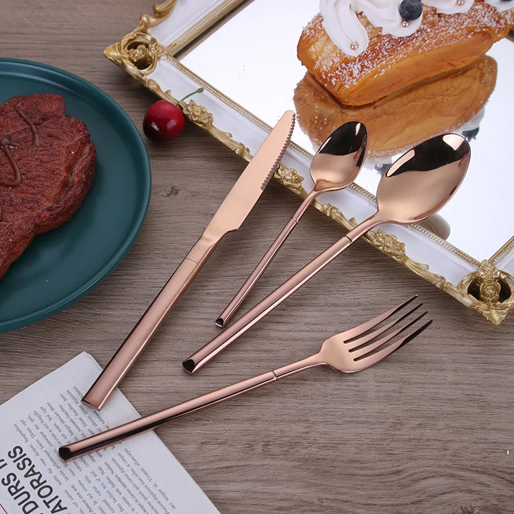Reusable Wholesale Rose Gold Shiny Stainless Steel Flatware Sets for Back to School and Wedding Occasions