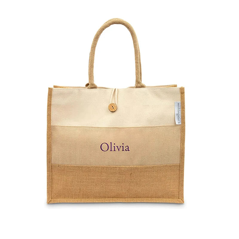Wholesale RUTH RTJ008 Medium Personalized Reusable Canvas Jute Fabric Beach Tote Bag Letter Pattern Customizable Hand Length