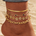 4Pcs/Set New Rose Design Black Zircon Snake Bone Chain Anklet Set for Women Jewelry