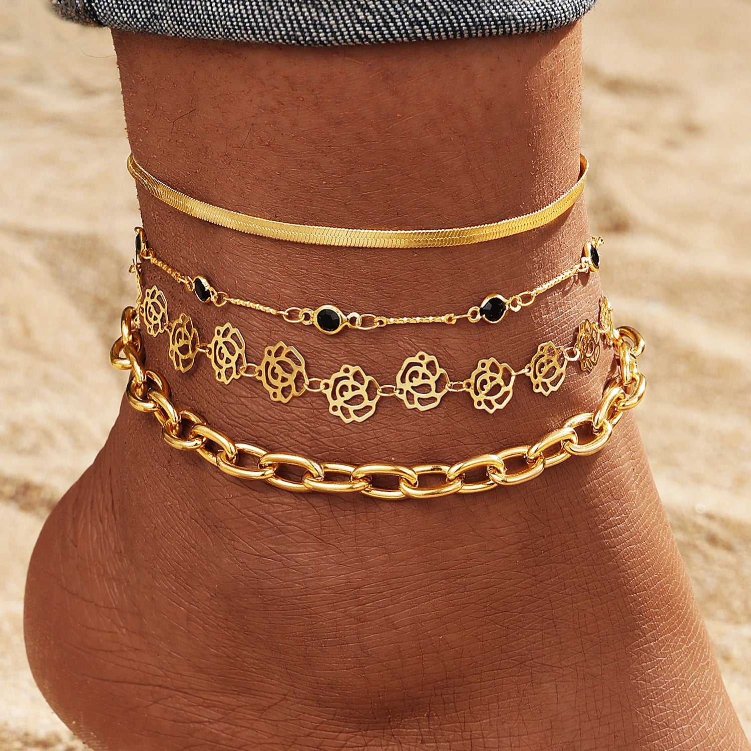 4Pcs/Set New Rose Design Black Zircon Snake Bone Chain Anklet Set for Women Jewelry