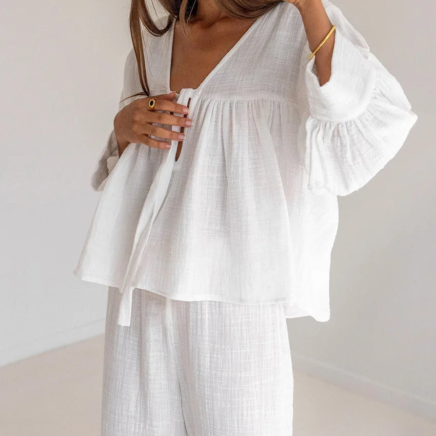 Enyami Boutique Spring Fall New Home Wear Sleepwear 100% Cotton Blouse Top Pants Ladies Casual Co Ord Matching Pajamas Sets