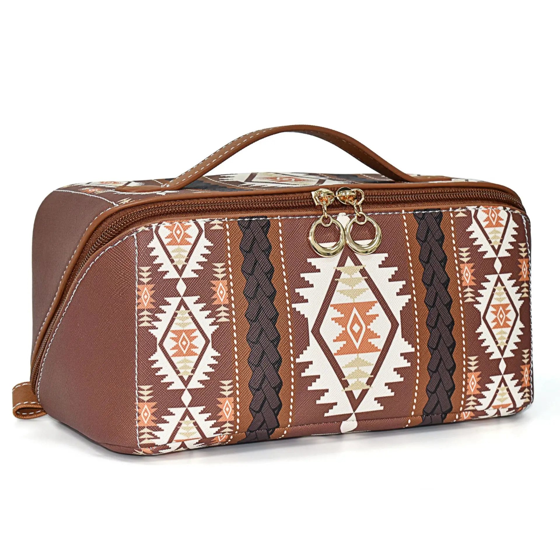 Bohemian PU Leather Travel Makeup Bag Portable Cosmetic Organizer with Dividers and Handle for Women