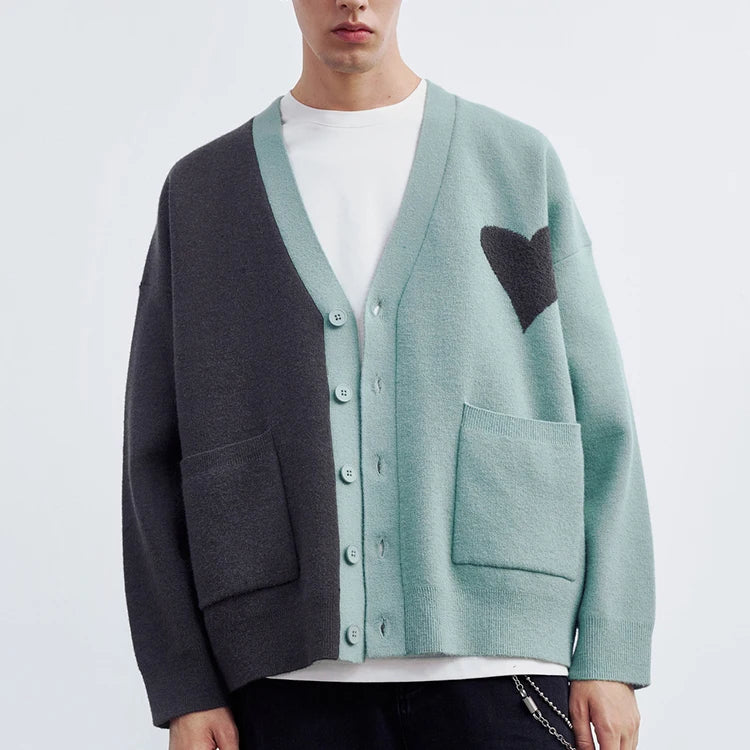 Oem Men Cotton Wool Knitted Cardigan Sweater Color Block Love Heart Intarsia V-Neck  Cardigan Sweater With Pocket