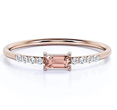Dainty Minimal Everyday Ring Real Baguette Cut Morganite Wedding Diamond CZ Stackable Rose Gold Plated Sterling Silver Ring
