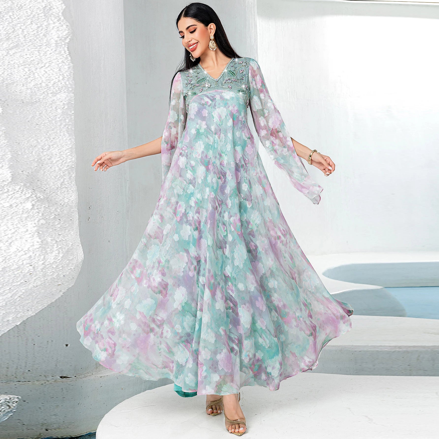 UNI Fashion Muslim Dress Printing Abaya Arabian Muslim Women Clothing Long Sleeves Women's Elegant Dress