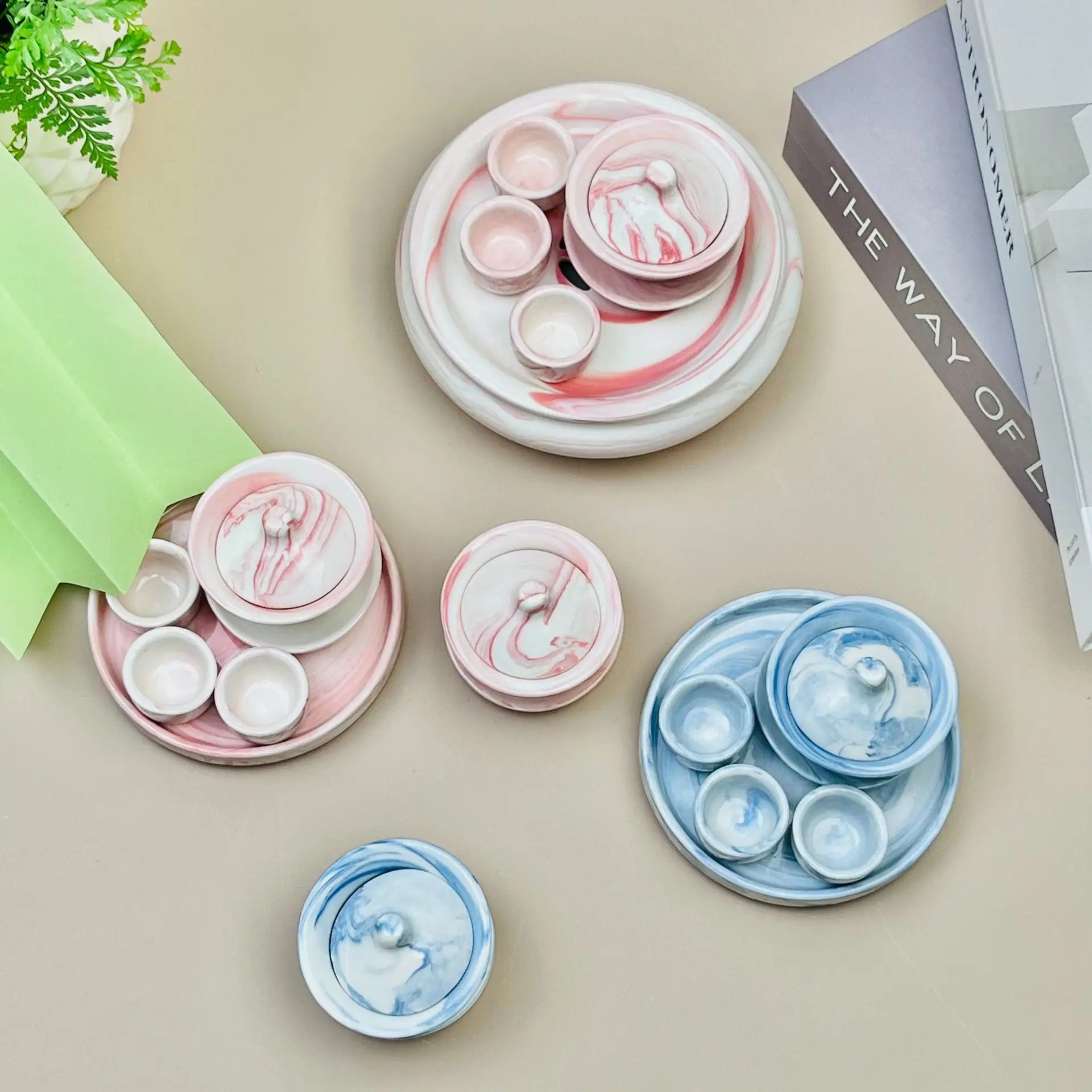 Creative Blue and Pink Marbled Texture Mini Ceramic Kids Tea Sets One Pot Four Cups