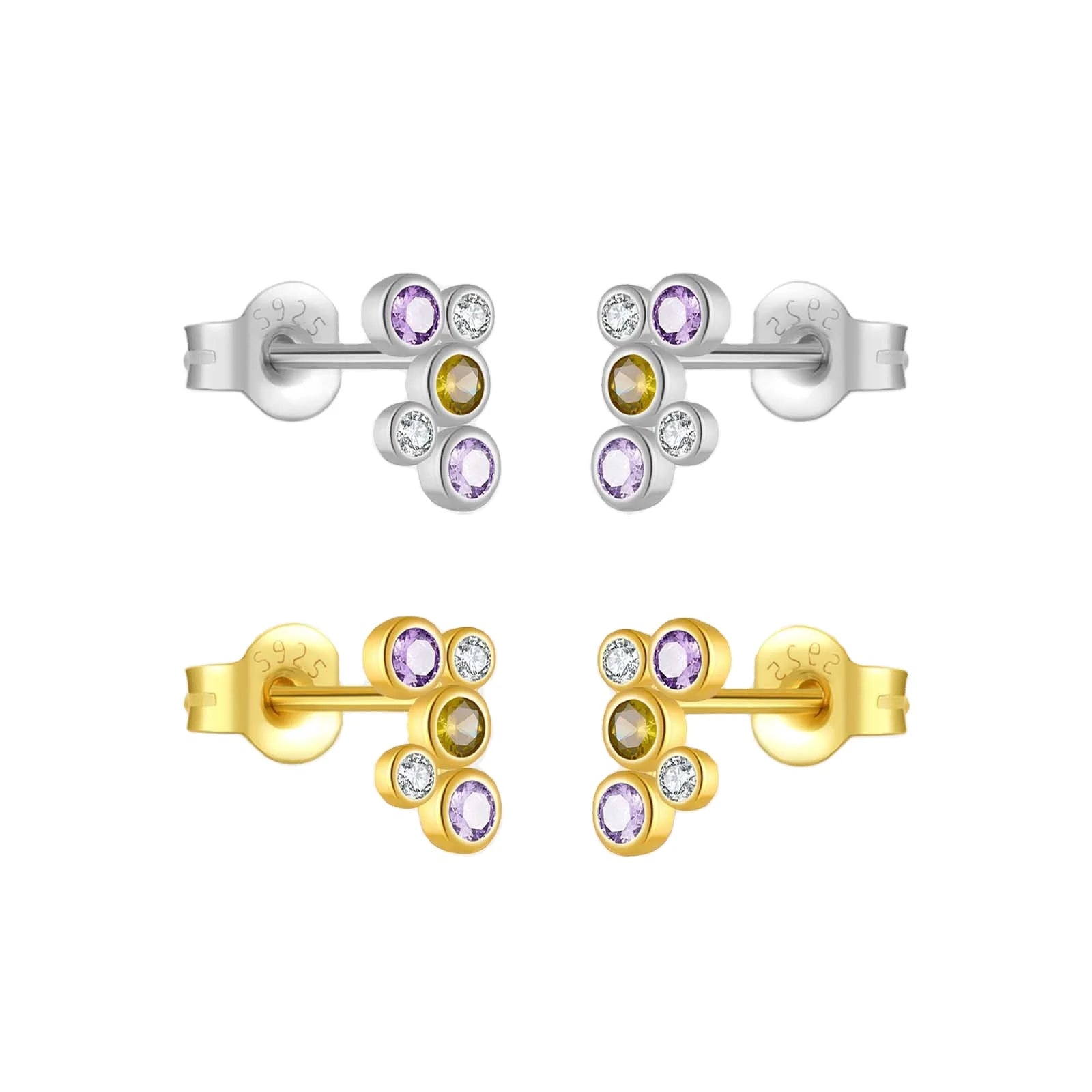 FUAMAY Woman's Moda Stud Pendientes Gold and Rhodium Plated 925 Silver Rainbow Zirconia Stud Earrings Bezel Setting Jewelry Gift