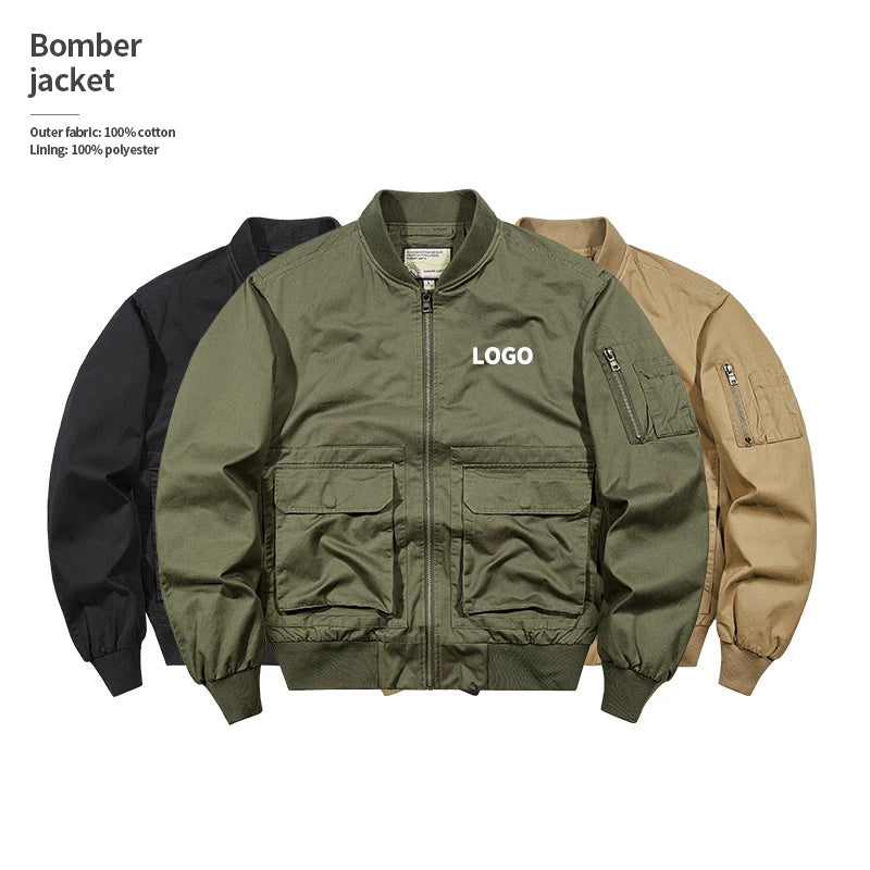 Wholesale Custom logo Multiple Pockets Outdoors 100% Cotton Bomber Jacket Men