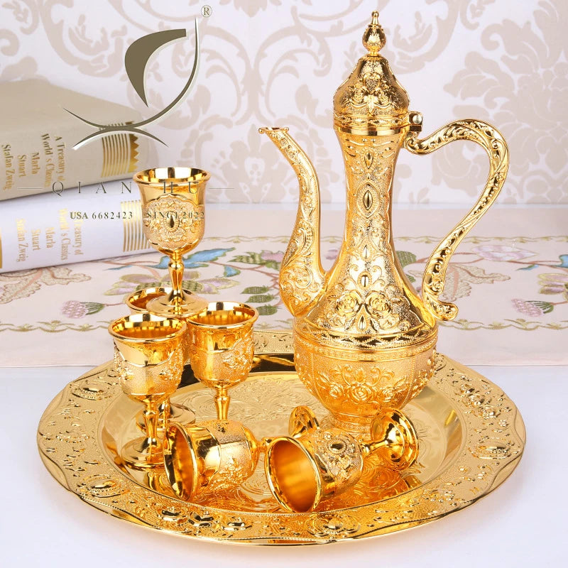 Stock Creative Retro Qian Hu Luxury European Metal Coffee Tea Set 6 Cups Includes Crystal Stone Teapot Tray Home Decorative Set