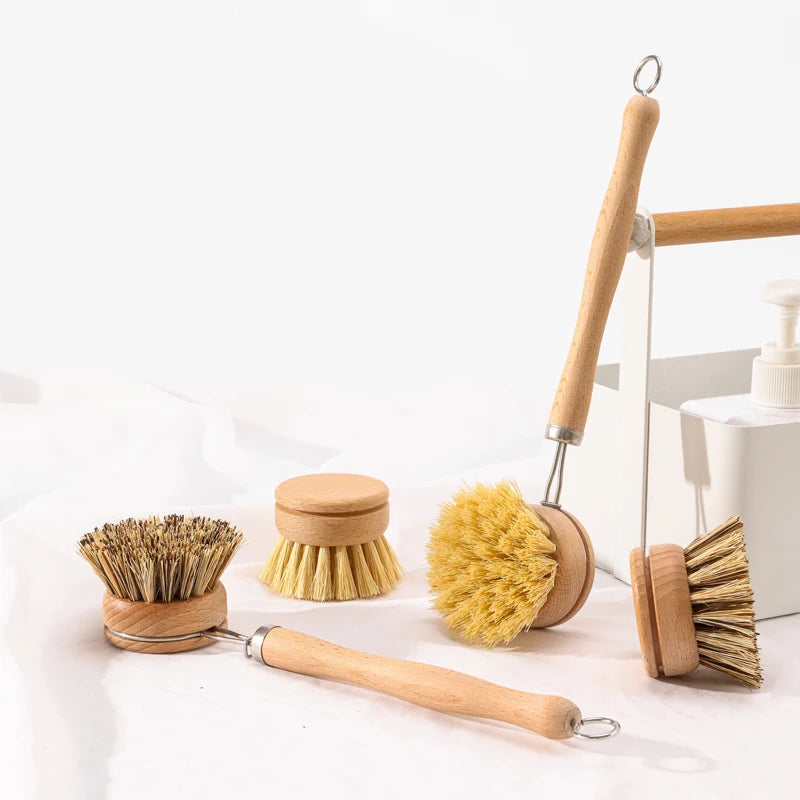 Natural Fibers Kitchen Dish Pot Pan Cleaning Brush Beech Wooden Detachable Long Handle Sisal Bristle Scrubber Washing Brush